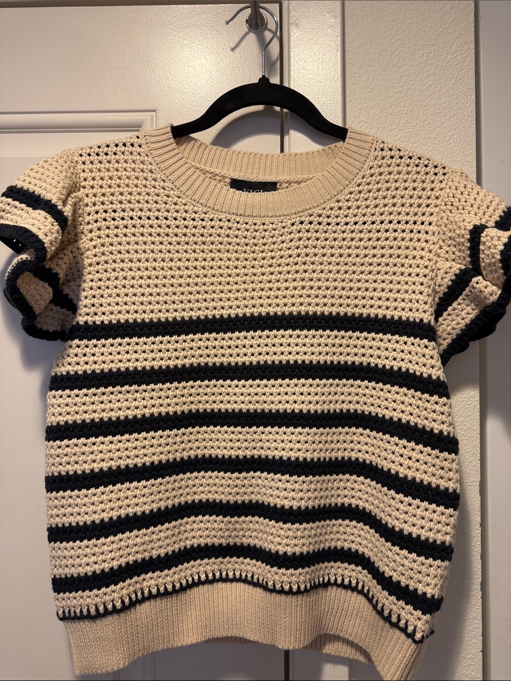 Vici Cream & Navy Blue Striped Crochet Crewneck Sweater